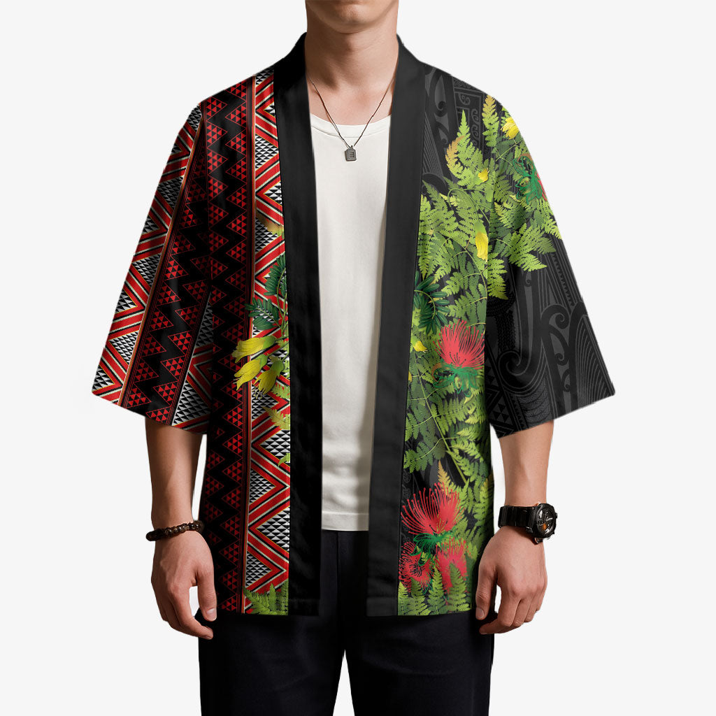 Maori Tukutuku Kimono with Ferns Pohutukawa and Kowhai Tribal Moko Patterns