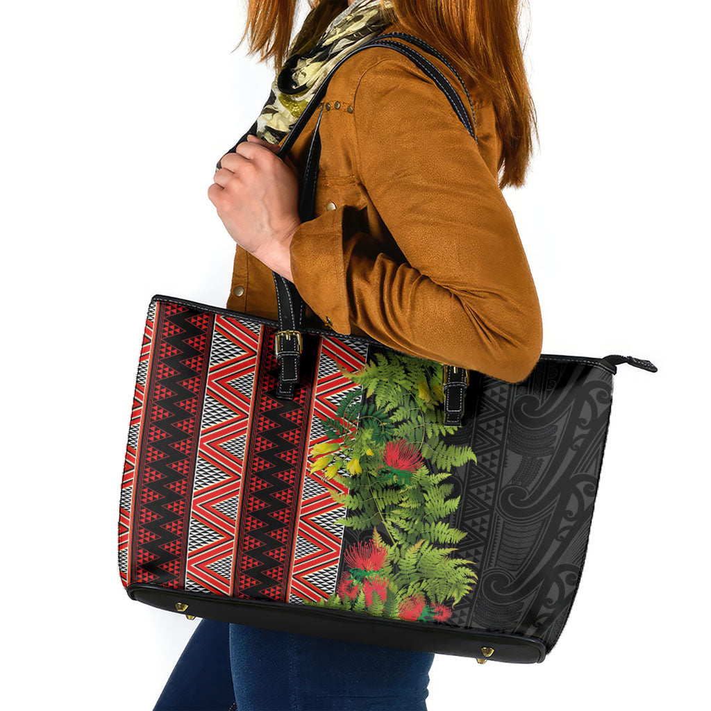 Maori Tukutuku Leather Tote Bag with Ferns Pohutukawa and Kowhai Tribal Moko Patterns