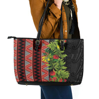 Maori Tukutuku Leather Tote Bag with Ferns Pohutukawa and Kowhai Tribal Moko Patterns