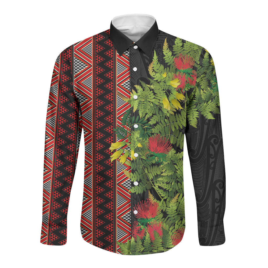 Maori Tukutuku Long Sleeve Button Shirt with Ferns Pohutukawa and Kowhai Tribal Moko Patterns
