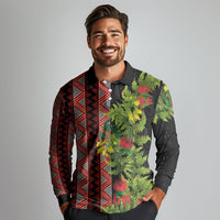 Maori Tukutuku Long Sleeve Polo Shirt with Ferns Pohutukawa and Kowhai Tribal Moko Patterns