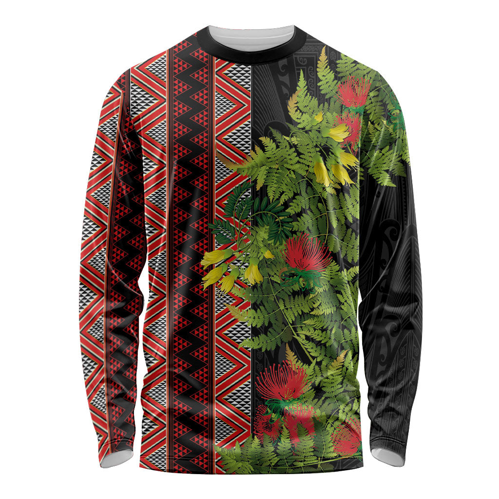 Maori Tukutuku Long Sleeve Shirt with Ferns Pohutukawa and Kowhai Tribal Moko Patterns LT03 Unisex Multicolor - Polynesian Pride