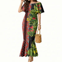 Maori Tukutuku Mermaid Dress with Ferns Pohutukawa and Kowhai Tribal Moko Patterns