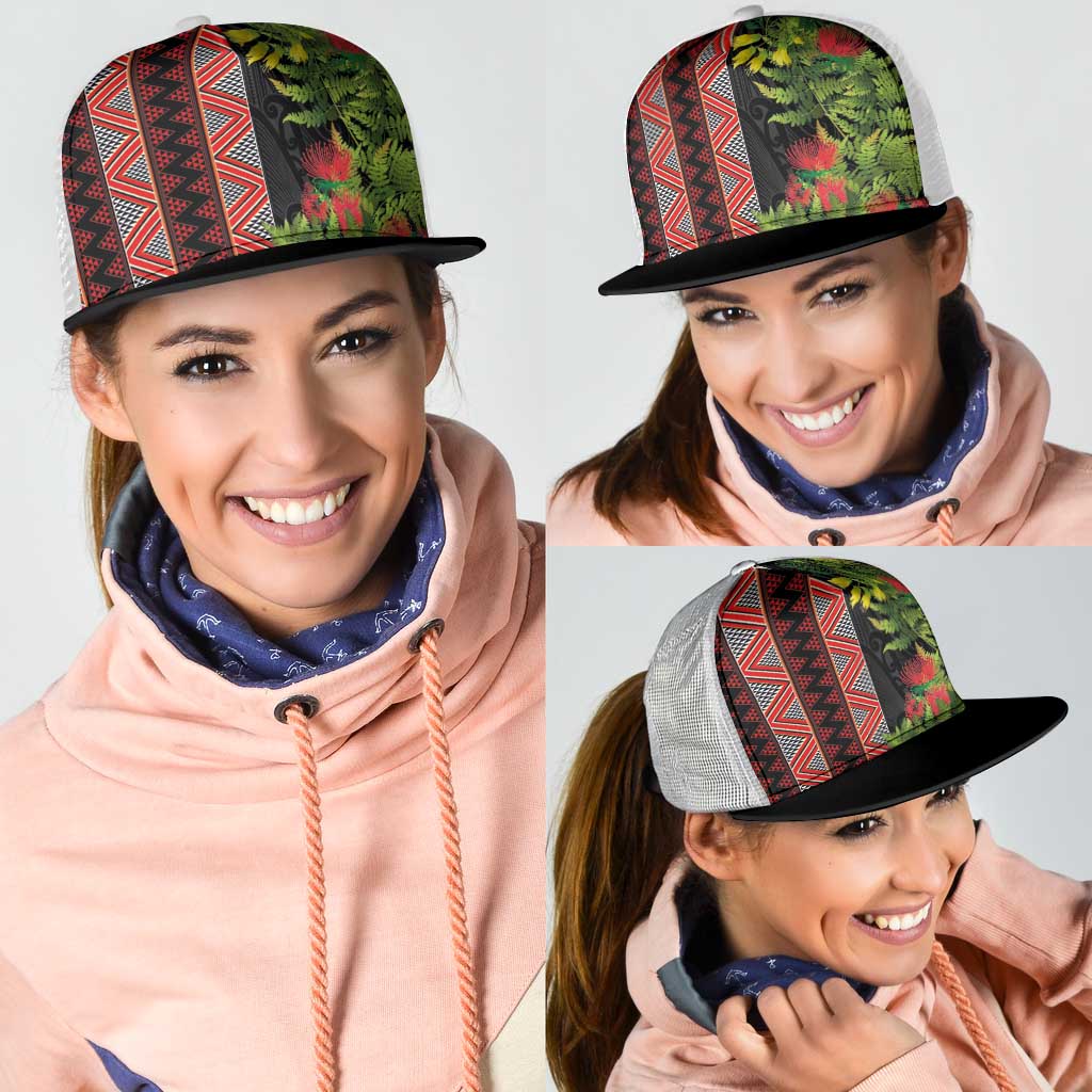 Maori Tukutuku Mesh Trucker Cap with Ferns Pohutukawa and Kowhai Tribal Moko Patterns