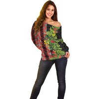 Maori Tukutuku Off Shoulder Sweater with Ferns Pohutukawa and Kowhai Tribal Moko Patterns