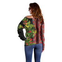 Maori Tukutuku Off Shoulder Sweater with Ferns Pohutukawa and Kowhai Tribal Moko Patterns