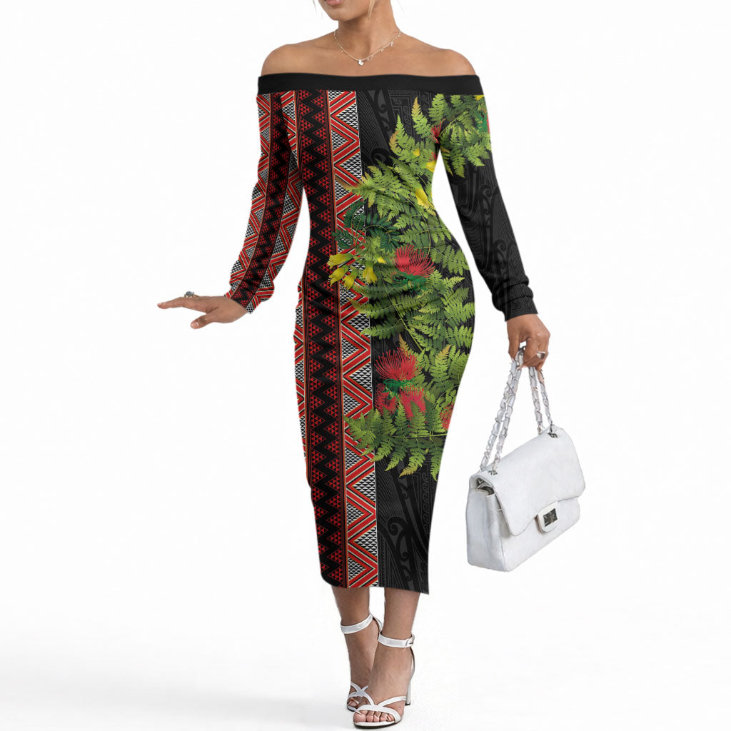 Maori Tukutuku Off The Shoulder Long Sleeve Dress with Ferns Pohutukawa and Kowhai Tribal Moko Patterns