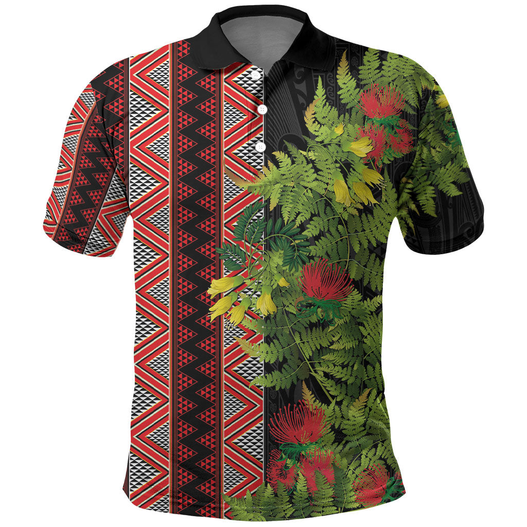 Maori Tukutuku Polo Shirt with Ferns Pohutukawa and Kowhai Tribal Moko Patterns