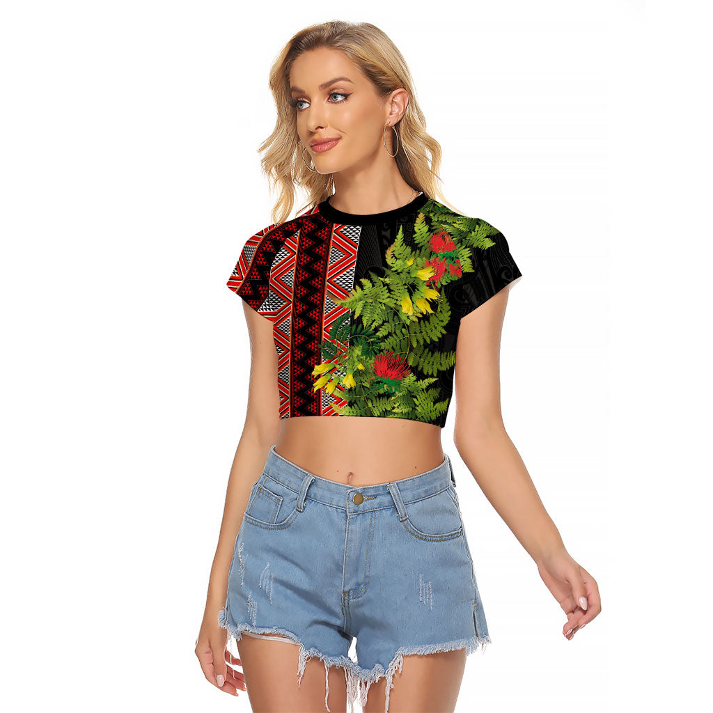 Maori Tukutuku Raglan Cropped T Shirt with Ferns Pohutukawa and Kowhai Tribal Moko Patterns