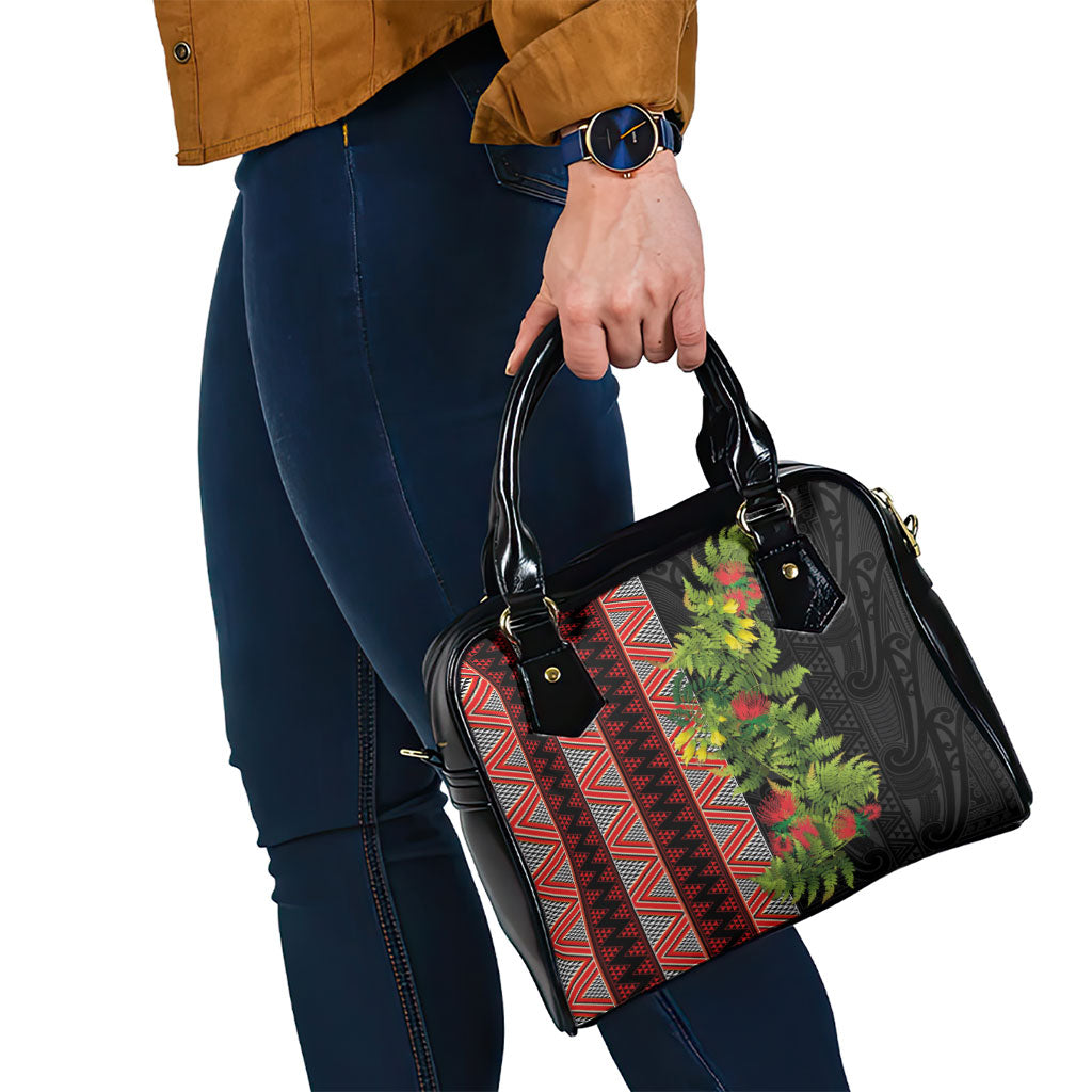 Maori Tukutuku Shoulder Handbag with Ferns Pohutukawa and Kowhai Tribal Moko Patterns