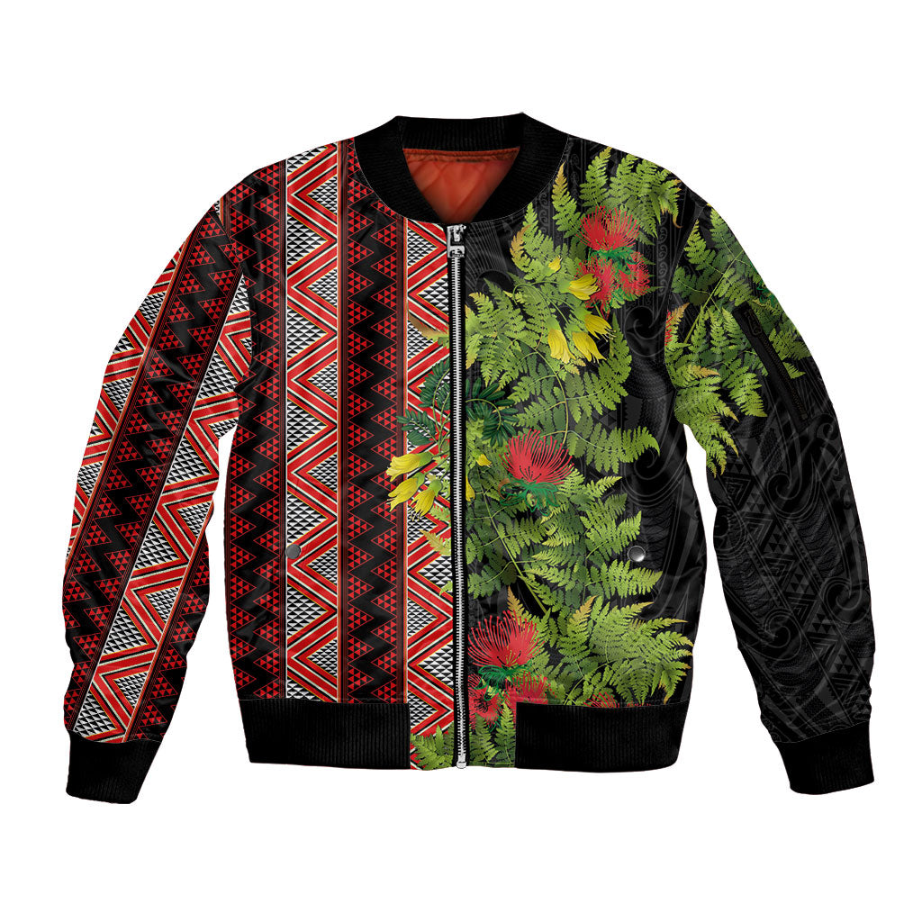 Maori Tukutuku Sleeve Zip Bomber Jacket with Ferns Pohutukawa and Kowhai Tribal Moko Patterns LT03 Unisex Multicolor - Polynesian Pride