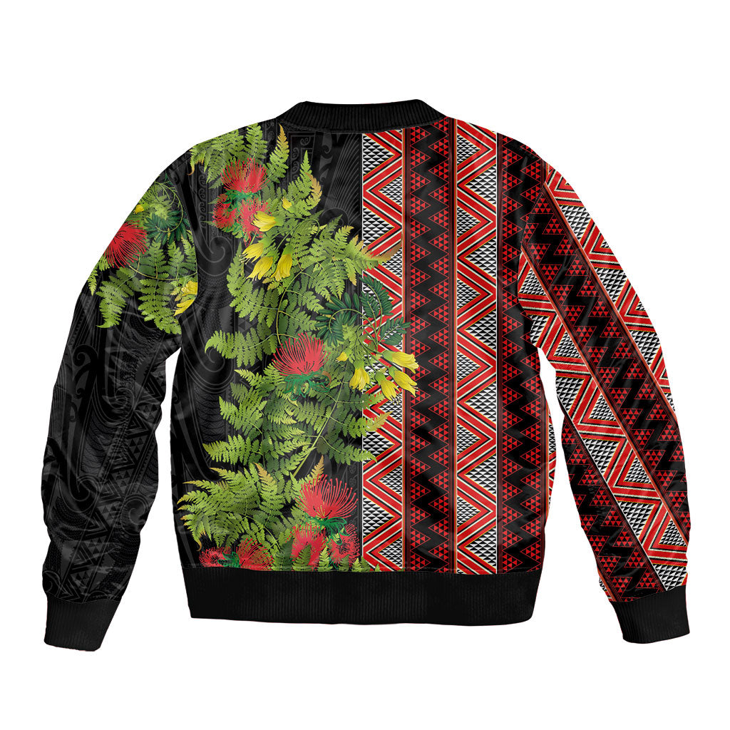 Maori Tukutuku Sleeve Zip Bomber Jacket with Ferns Pohutukawa and Kowhai Tribal Moko Patterns