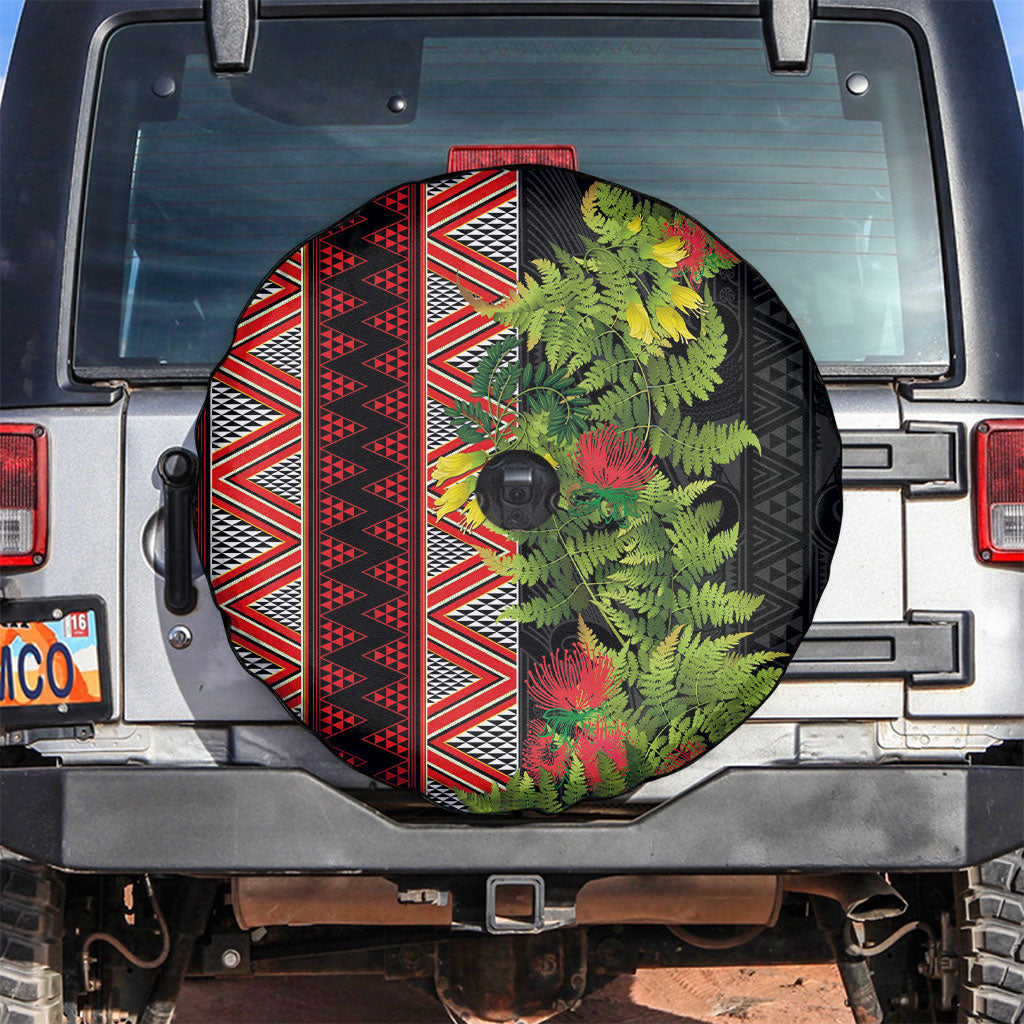 Maori Tukutuku Spare Tire Cover with Ferns Pohutukawa and Kowhai Tribal Moko Patterns
