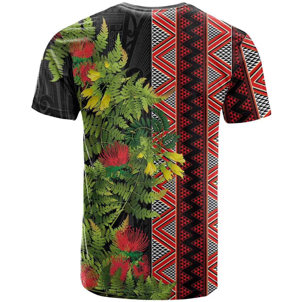Maori Tukutuku T Shirt with Ferns Pohutukawa and Kowhai Tribal Moko Patterns