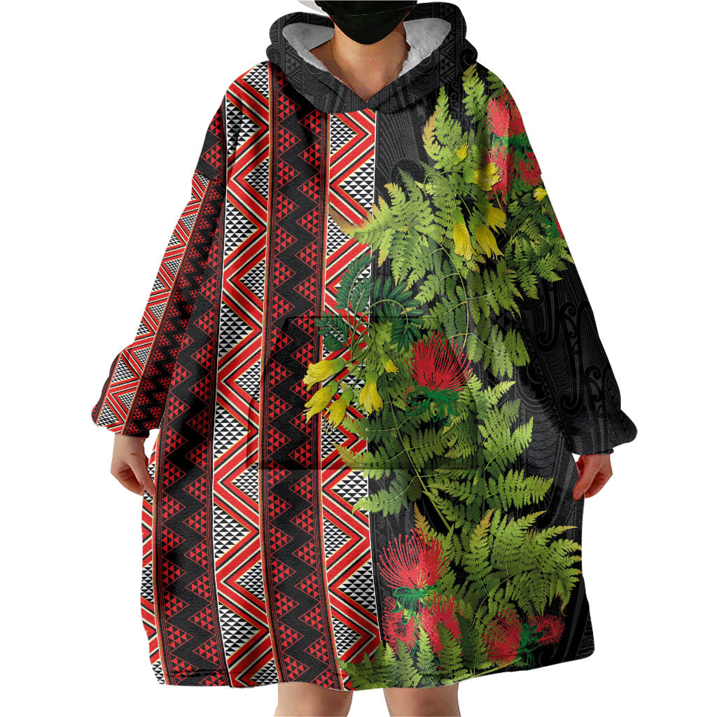 Maori Tukutuku Wearable Blanket Hoodie with Ferns Pohutukawa and Kowhai Tribal Moko Patterns