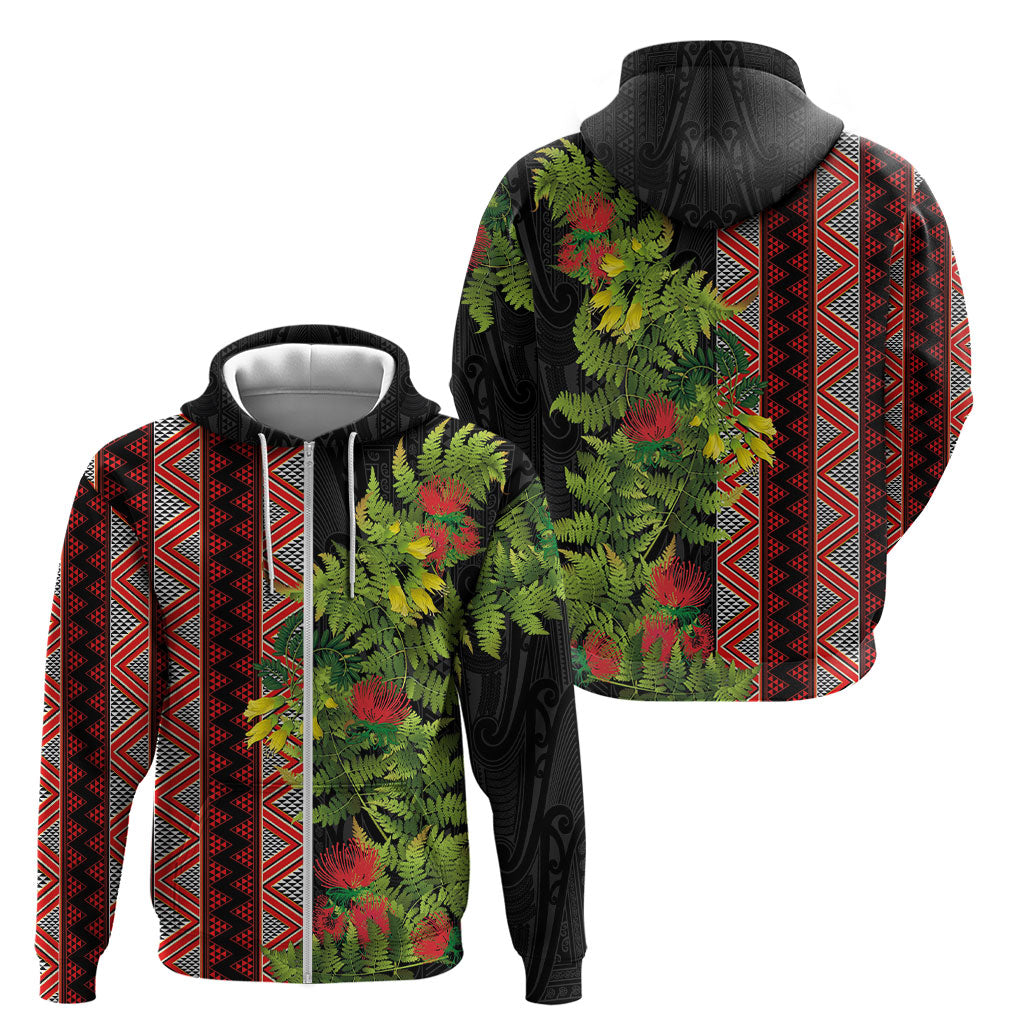 Maori Tukutuku Zip Hoodie with Ferns Pohutukawa and Kowhai Tribal Moko Patterns