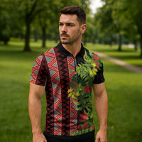 Maori Tukutuku Zipper Polo Shirt with Ferns Pohutukawa and Kowhai Tribal Moko Patterns
