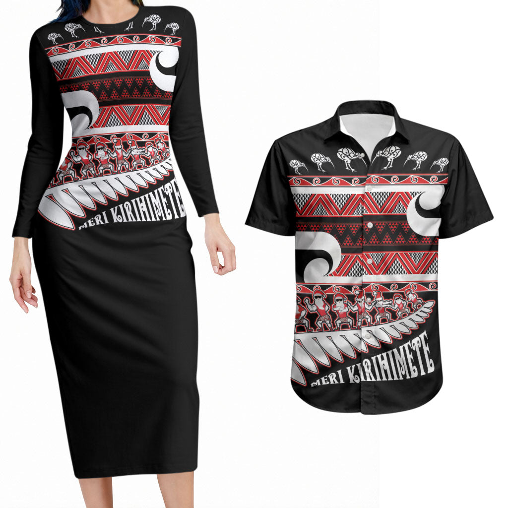 New Zealand Christmas Couples Matching Long Sleeve Bodycon Dress and Hawaiian Shirt Funny Santa Claus Haka Dance with Tukutuku
