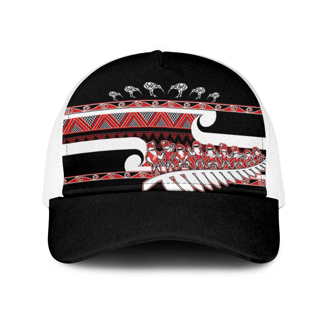 New Zealand Christmas Mesh Trucker Cap Funny Santa Claus Haka Dance with Tukutuku LT03 One Size White Multicolor - Polynesian Pride