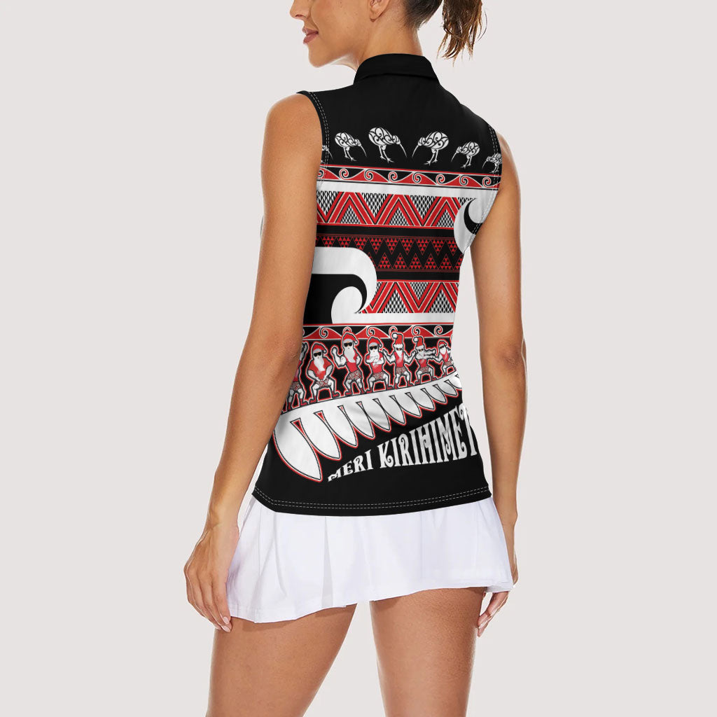 New Zealand Christmas Women Sleeveless Polo Shirt Funny Santa Claus Haka Dance with Tukutuku