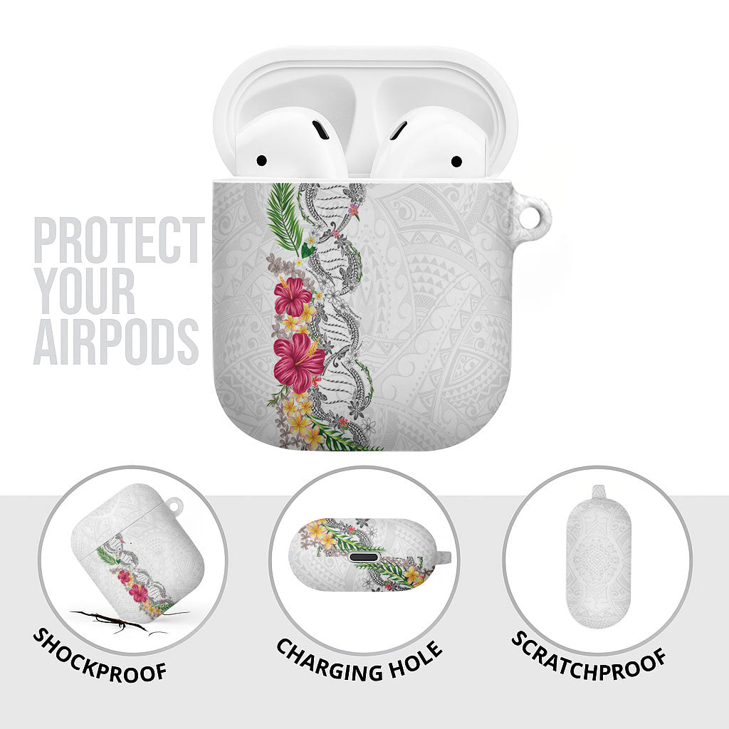 Hawaii DNA Kakau Tattoo AirPods Case with Plumeria and Hibiscus Tropical Plants White Color