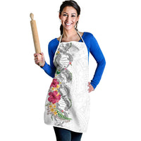 Hawaii DNA Kakau Tattoo Apron with Plumeria and Hibiscus Tropical Plants White Color