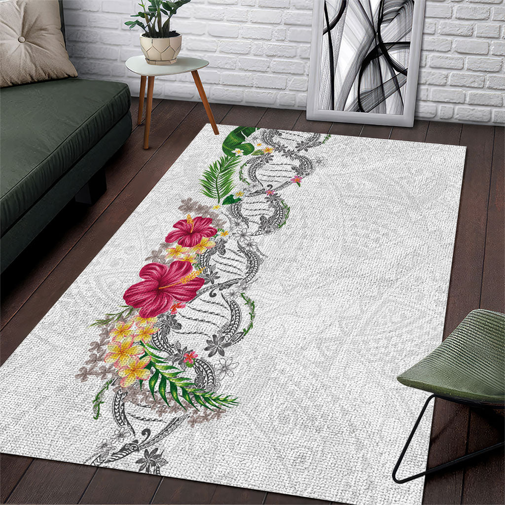 Hawaii DNA Kakau Tattoo Area Rug with Plumeria and Hibiscus Tropical Plants White Color
