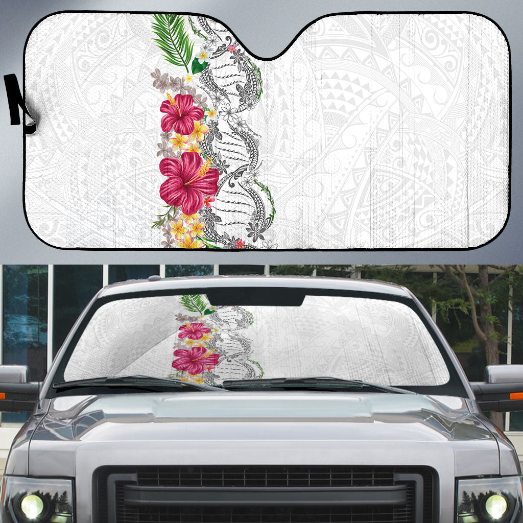 Hawaii DNA Kakau Tattoo Auto Sun Shade with Plumeria and Hibiscus Tropical Plants White Color