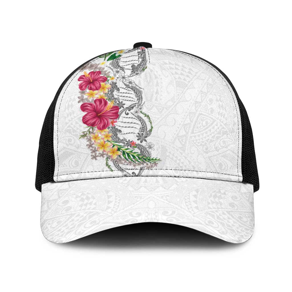 Hawaii DNA Kakau Tattoo Baseball Net Cap with Plumeria and Hibiscus Tropical Plants White Color