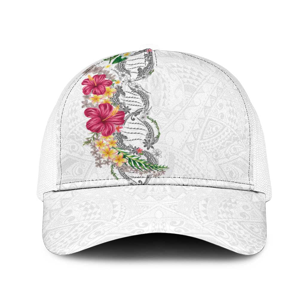 Hawaii DNA Kakau Tattoo Baseball Net Cap with Plumeria and Hibiscus Tropical Plants White Color