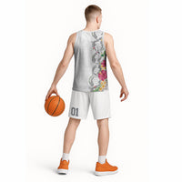 Hawaii DNA Kakau Tattoo Basketball Jersey with Plumeria and Hibiscus Tropical Plants White Color