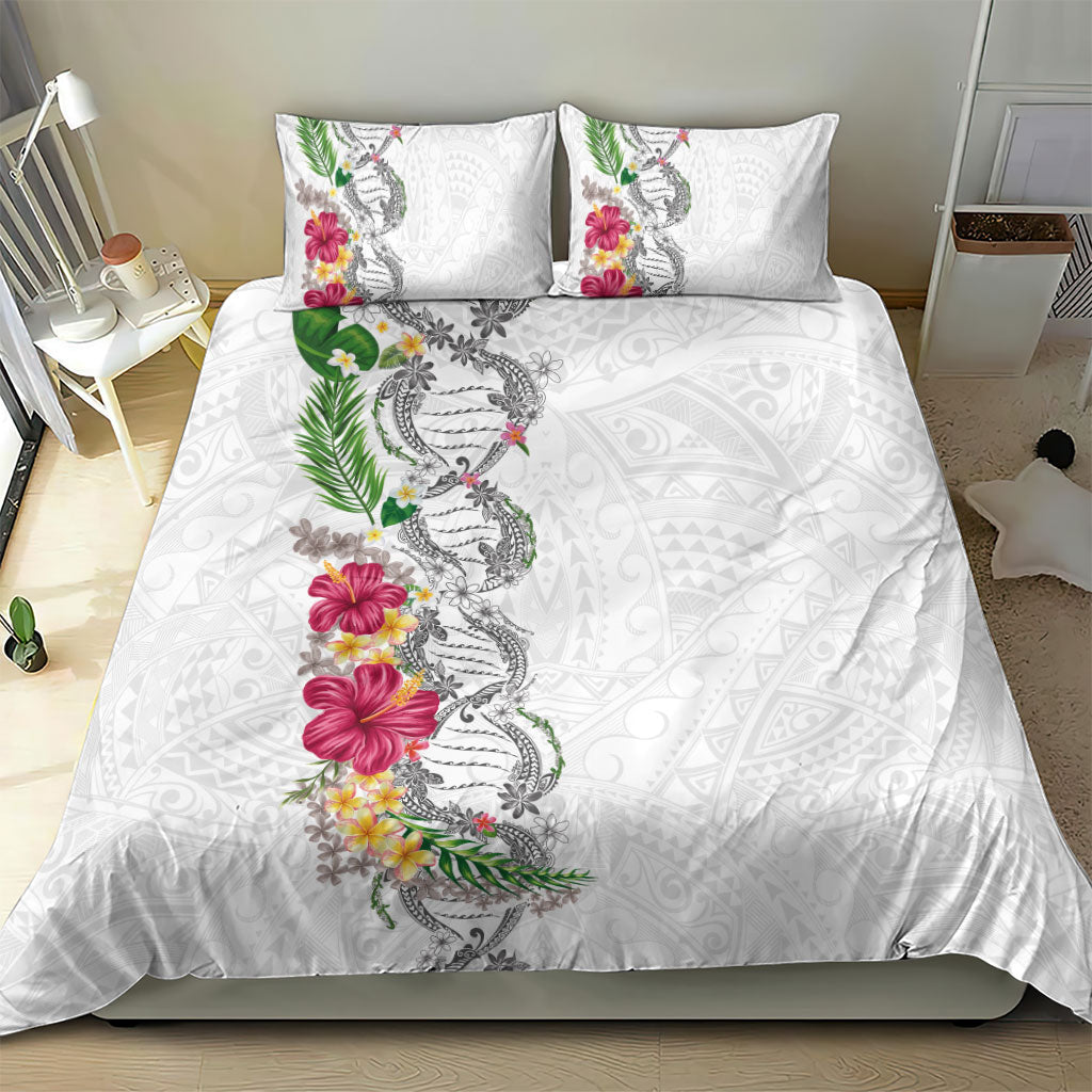 Hawaii DNA Kakau Tattoo Bedding Set with Plumeria and Hibiscus Tropical Plants White Color