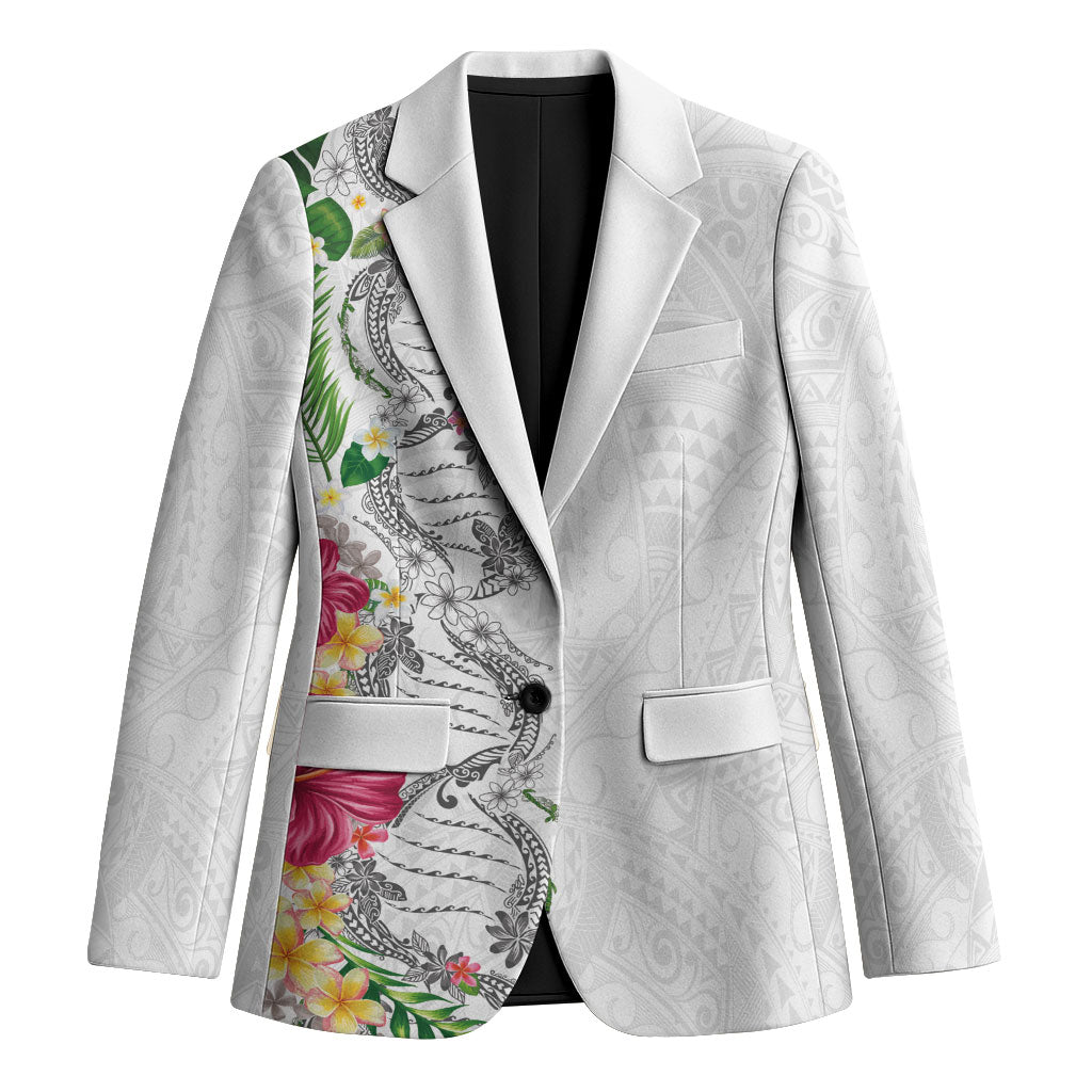 Hawaii DNA Kakau Tattoo Blazer with Plumeria and Hibiscus Tropical Plants White Color LT03 Unisex White - Polynesian Pride