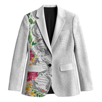 Hawaii DNA Kakau Tattoo Blazer with Plumeria and Hibiscus Tropical Plants White Color
