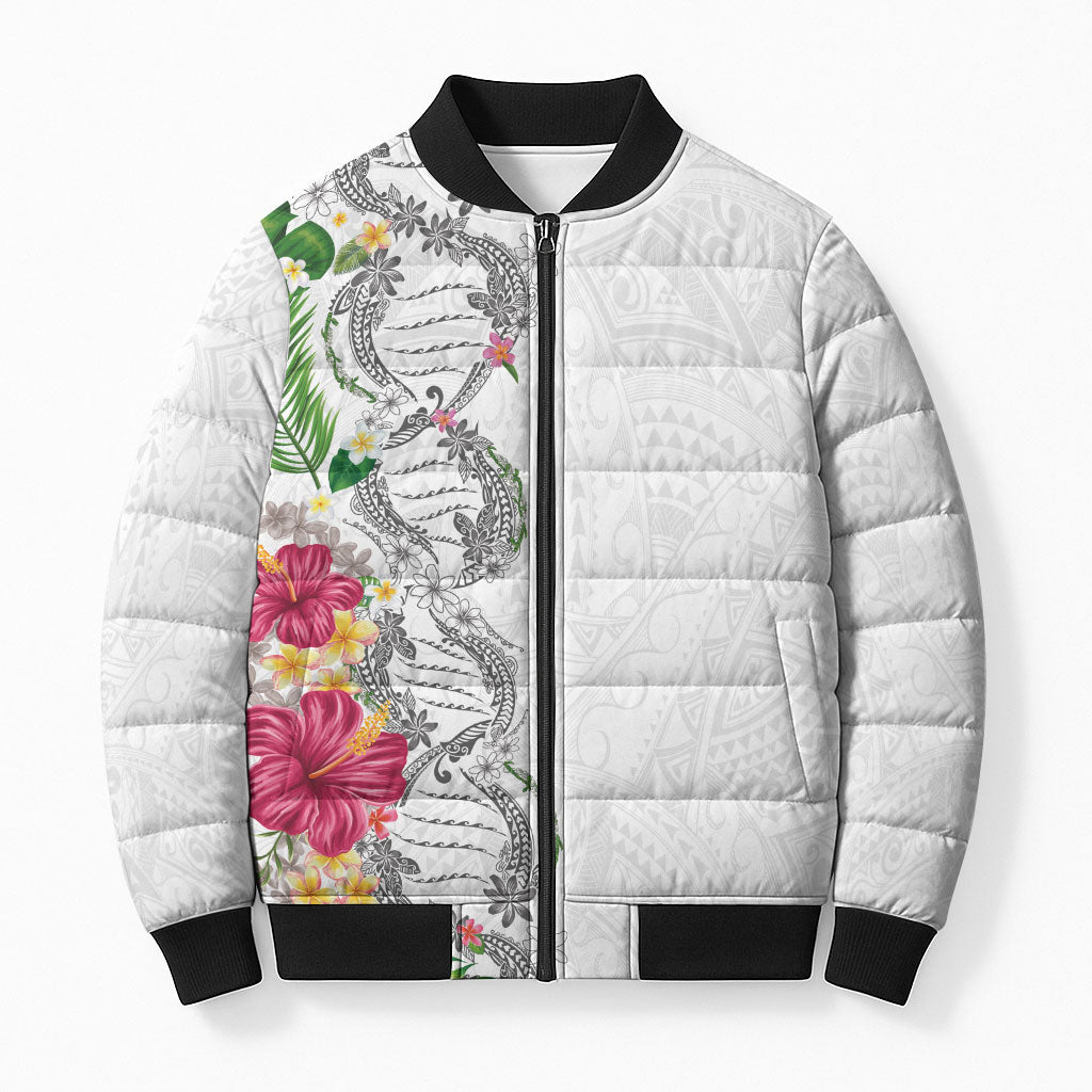 Hawaii DNA Kakau Tattoo Bomber Puffer Jacket with Plumeria and Hibiscus Tropical Plants White Color