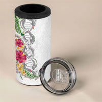 Hawaii DNA Kakau Tattoo 4 in 1 Can Cooler Tumbler with Plumeria and Hibiscus Tropical Plants White Color