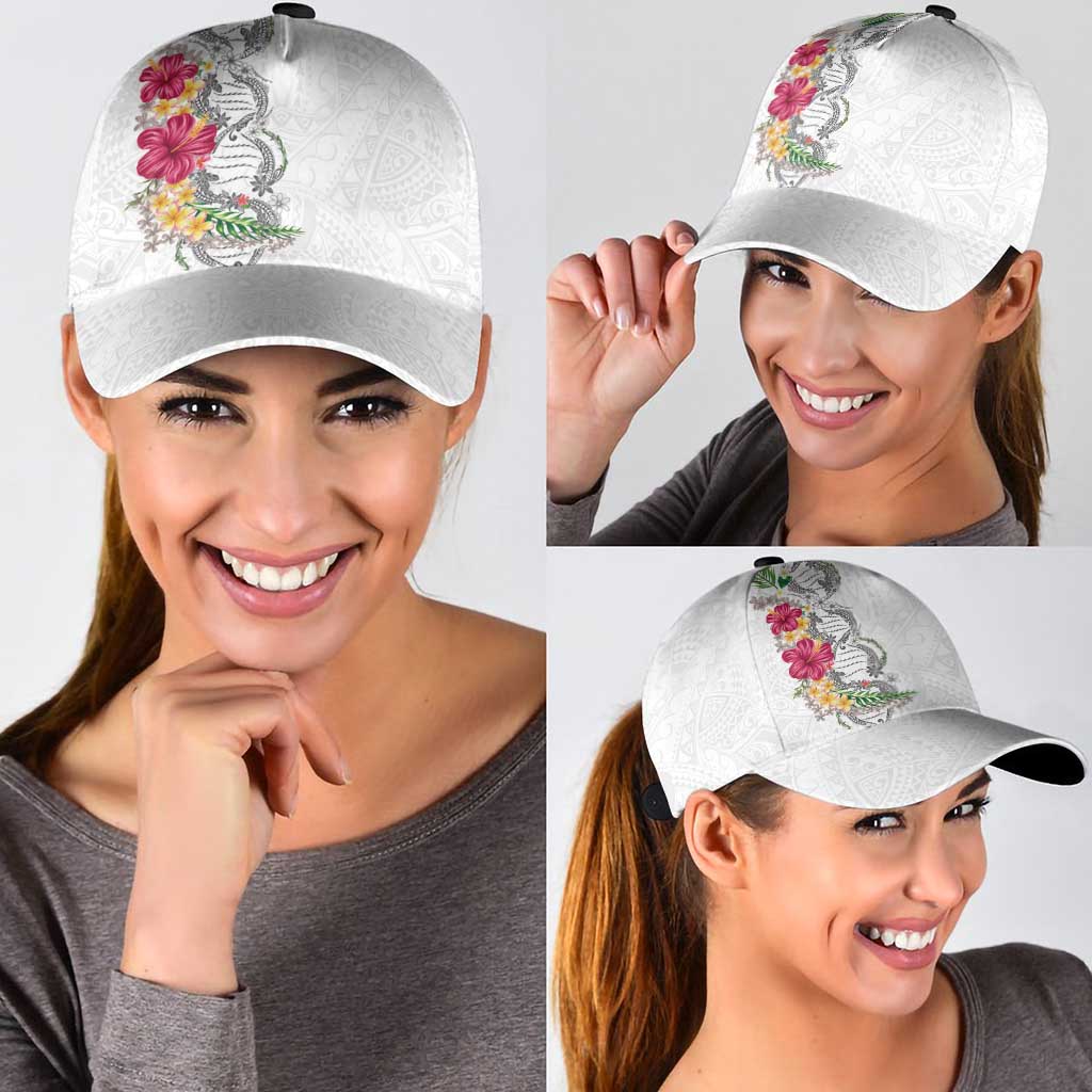 Hawaii DNA Kakau Tattoo Classic Cap with Plumeria and Hibiscus Tropical Plants White Color