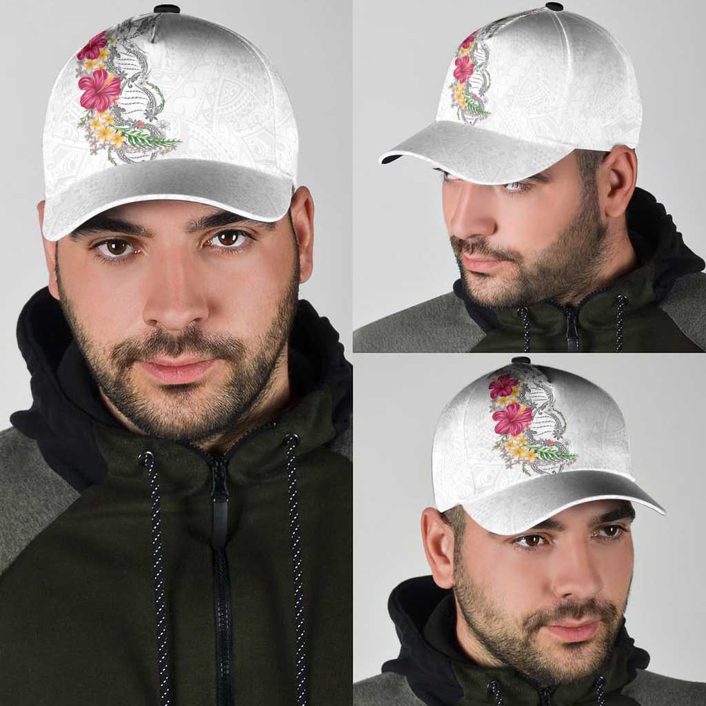 Hawaii DNA Kakau Tattoo Classic Cap with Plumeria and Hibiscus Tropical Plants White Color