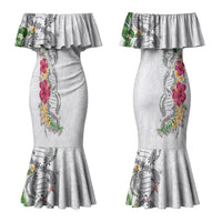Hawaii DNA Kakau Tattoo Couples Matching Mermaid Dress and Hawaiian Shirt with Plumeria and Hibiscus Tropical Plants White Color