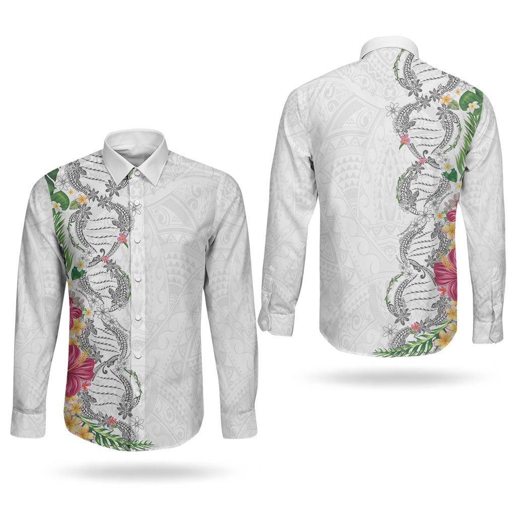 Hawaii DNA Kakau Tattoo Couples Matching Off Shoulder Maxi Dress and Long Sleeve Button Shirt with Plumeria and Hibiscus Tropical Plants White Color