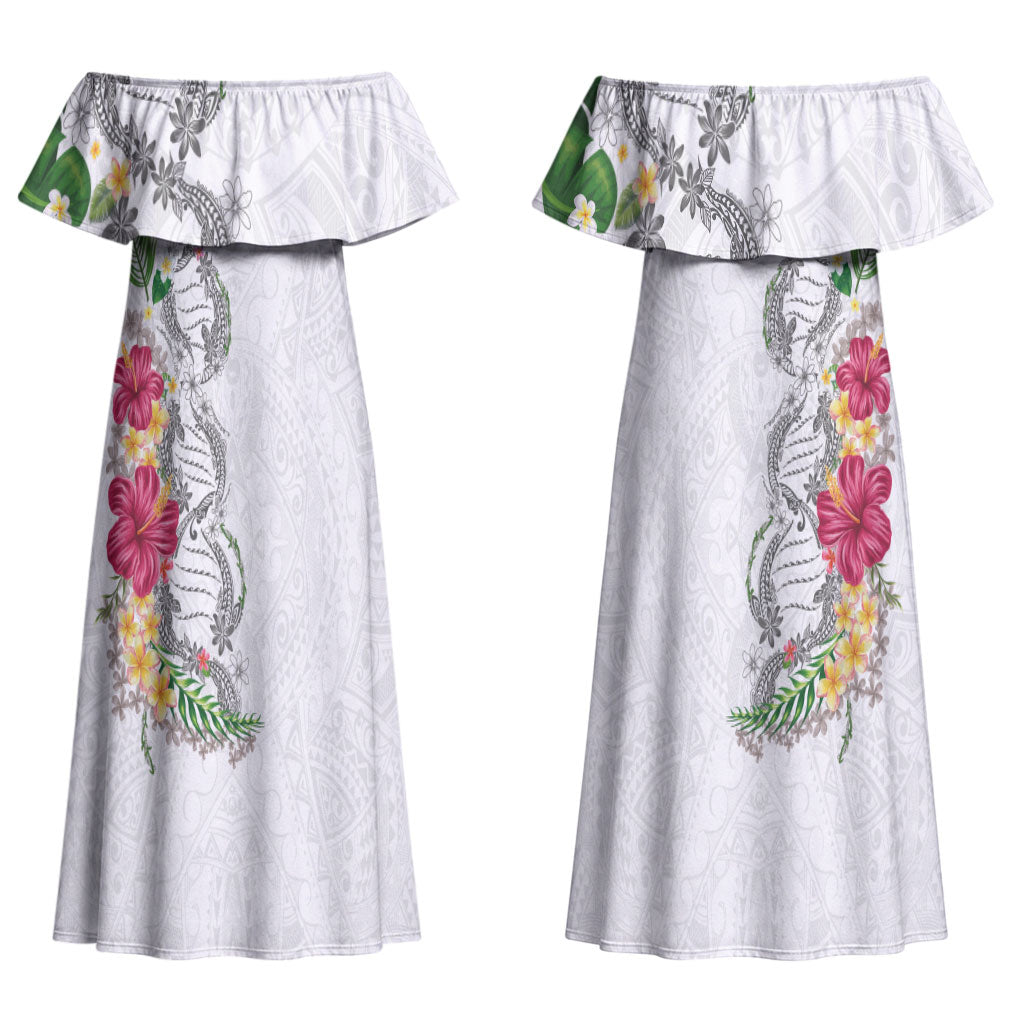 Hawaii DNA Kakau Tattoo Couples Matching Off Shoulder Maxi Dress and Long Sleeve Button Shirt with Plumeria and Hibiscus Tropical Plants White Color