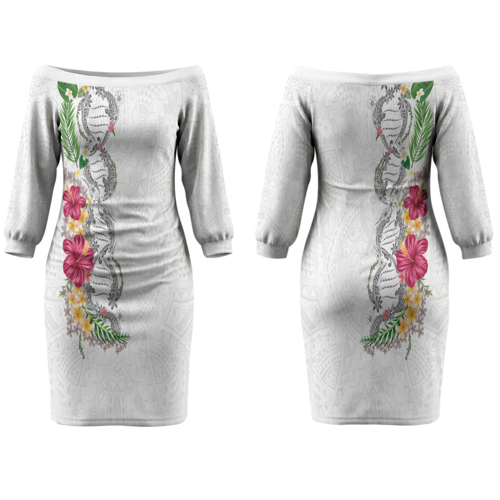 Hawaii DNA Kakau Tattoo Couples Matching Off The Shoulder Long Sleeve Dress and Long Sleeve Button Shirt with Plumeria and Hibiscus Tropical Plants White Color
