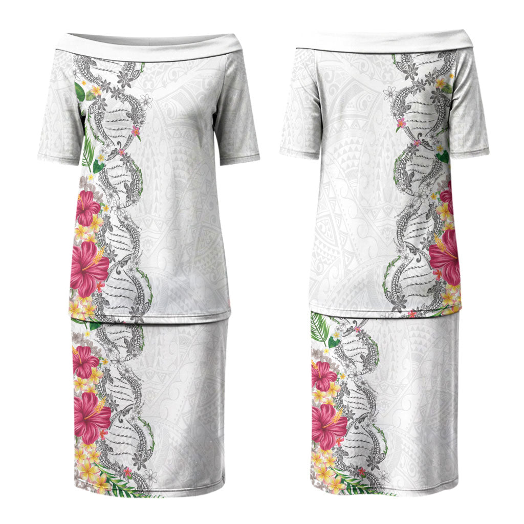 Hawaii DNA Kakau Tattoo Couples Matching Puletasi and Hawaiian Shirt with Plumeria and Hibiscus Tropical Plants White Color
