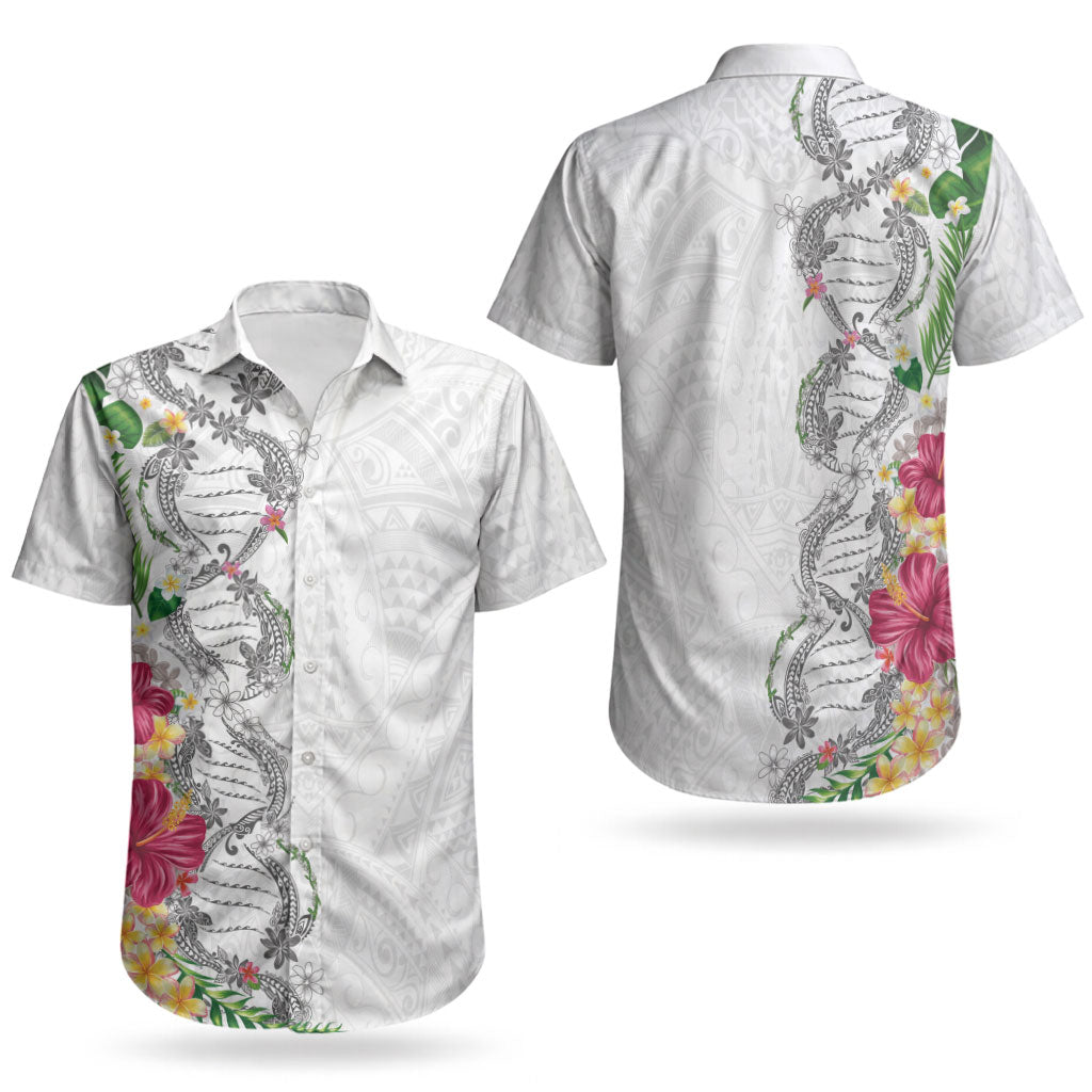 Hawaii DNA Kakau Tattoo Couples Matching Summer Maxi Dress and Hawaiian Shirt with Plumeria and Hibiscus Tropical Plants White Color
