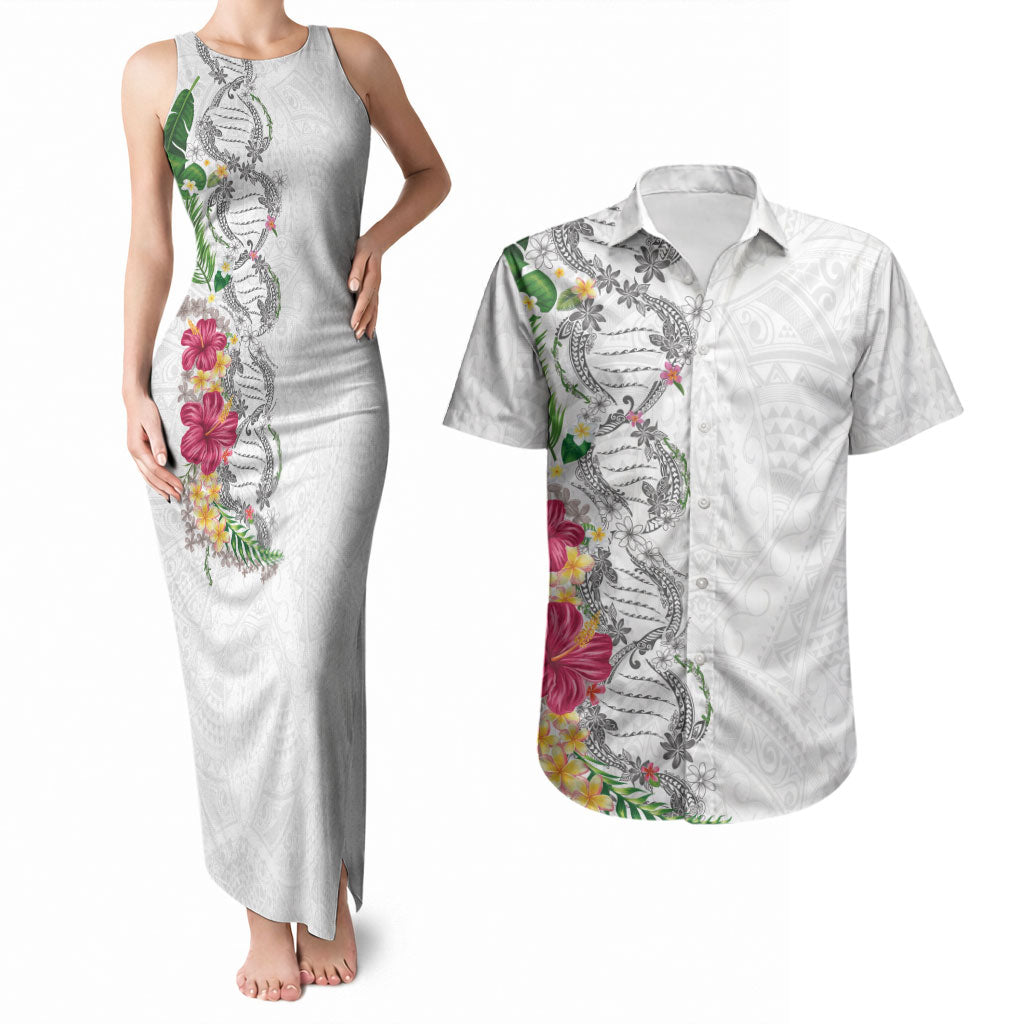 Hawaii DNA Kakau Tattoo Couples Matching Tank Maxi Dress and Hawaiian Shirt with Plumeria and Hibiscus Tropical Plants White Color