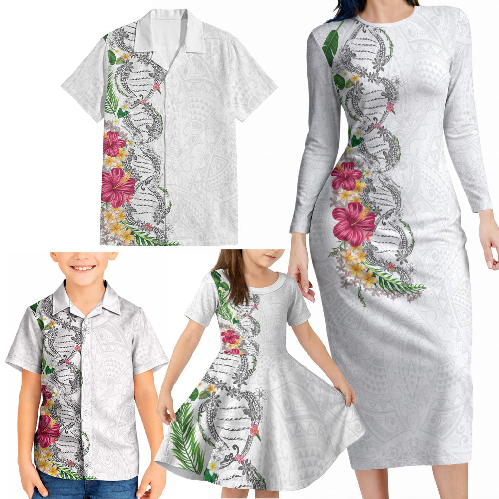 Hawaii DNA Kakau Tattoo Family Matching Long Sleeve Bodycon Dress and Hawaiian Shirt with Plumeria and Hibiscus Tropical Plants White Color