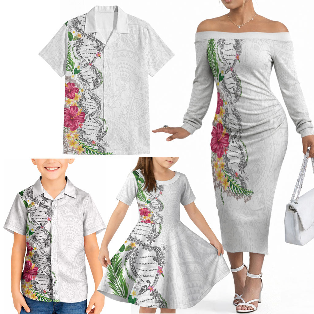 Hawaii DNA Kakau Tattoo Family Matching Off The Shoulder Long Sleeve Dress and Hawaiian Shirt with Plumeria and Hibiscus Tropical Plants White Color