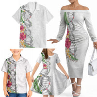Hawaii DNA Kakau Tattoo Family Matching Off The Shoulder Long Sleeve Dress and Hawaiian Shirt with Plumeria and Hibiscus Tropical Plants White Color