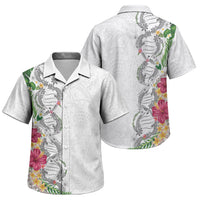 Hawaii DNA Kakau Tattoo Family Matching Off Shoulder Short Dress and Hawaiian Shirt with Plumeria and Hibiscus Tropical Plants White Color