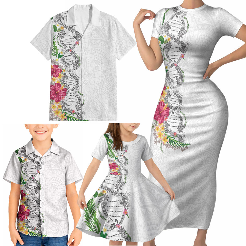 Hawaii DNA Kakau Tattoo Family Matching Short Sleeve Bodycon Dress and Hawaiian Shirt with Plumeria and Hibiscus Tropical Plants White Color